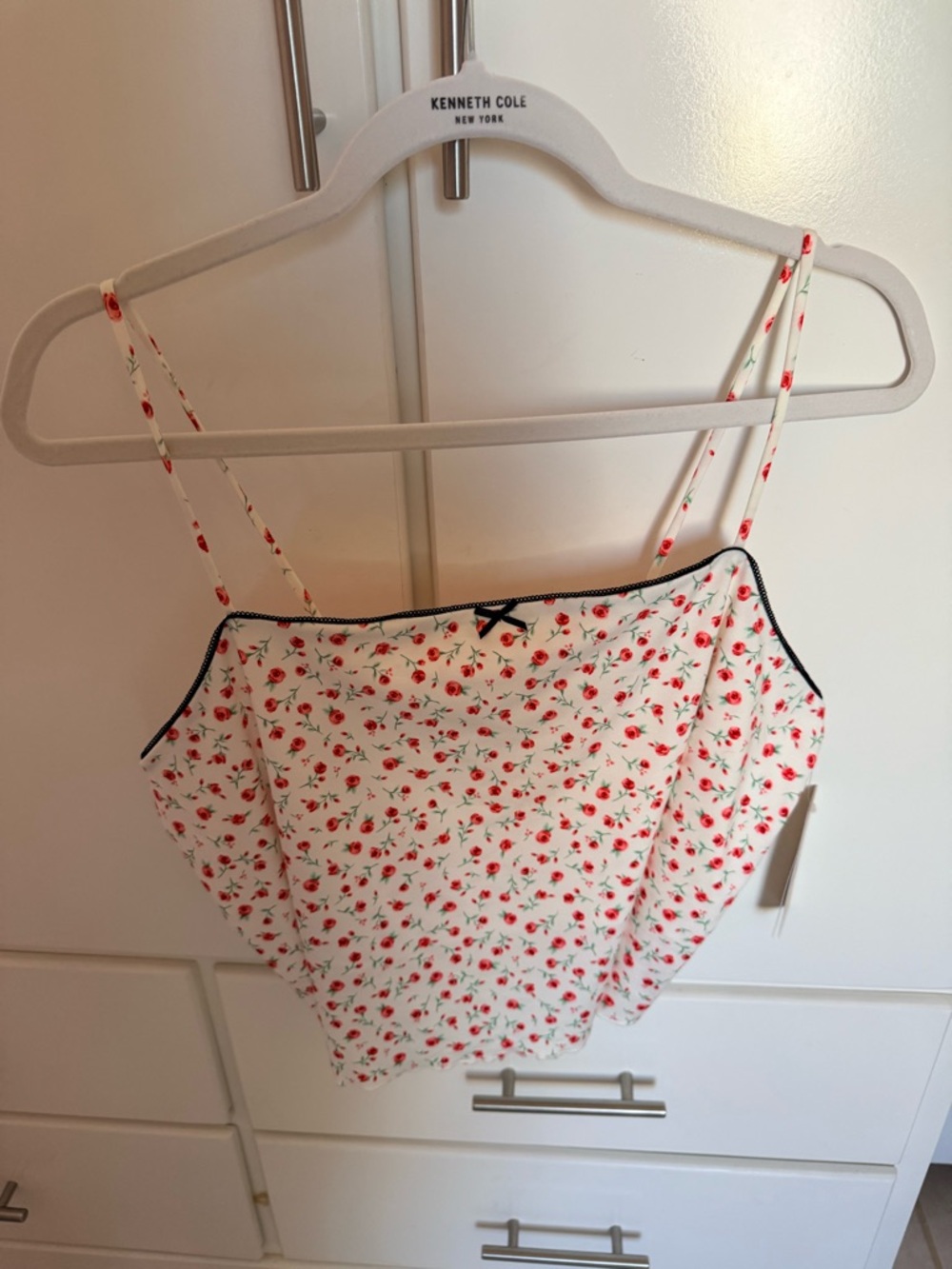 No Boundaries White Floral Spaghetti Strap Cami with Red Cherry Print